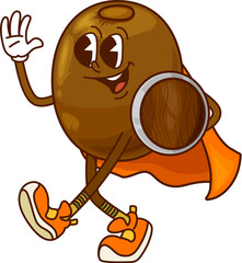 Aufkleber - Groovy kiwi superhero or fruit cartoon character with funny face, vector super hero. Groovy kiwi superhero or warrior guardian with shield and superman mantle cape for kids cartoon character