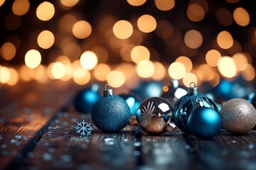 Aufkleber - A festive arrangement features delicate snowflakes, metallic blue ornaments, and a soft fade for text placement, creating a serene Christmas atmosphere