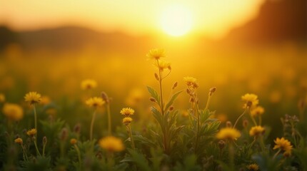 Wall Mural - Young wildflower sprouts growing in a field during golden hour, warm sunlight casting a serene and calm rural landscape in the background.