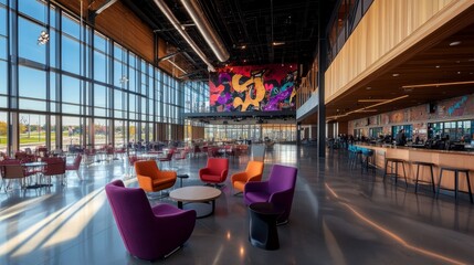Leinwandbilder - Bright and inviting office lounge features bold chairs around a sleek coffee table, enhanced by a large mural and expansive windows letting in natural light