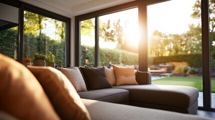 Aufkleber - Wide-angle view of a modern living room with a spacious L-shaped sofa adorned with decorative pillows, bathed in warm sunlight from large windows