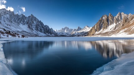 Poster - A frosty ice platform rests amidst jagged ice formations, reflecting the vivid blue sky. Snowy peaks rise majestically in the distance, creating a tranquil atmosphere