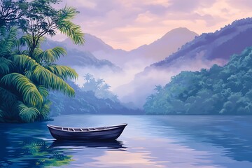 Wall Mural - Serene Tropical River Valley Landscape Painting