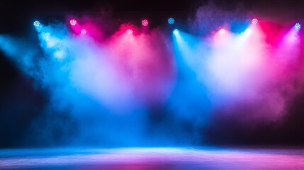 Aufkleber - An empty stage is highlighted by blue and pink spotlights, while swirling smoke adds depth to the vibrant atmosphere, inviting future performances and events