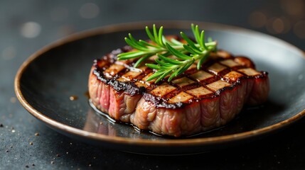 Wall Mural - A perfectly seared and seasoned grilled steak, resting on a dark plate, garnished with fresh rosemary sprigs.  The rich color and texture are beautifully highlighted.