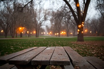 Poster - A rustic wooden table fills the foreground, while a misty park with softly glowing streetlights creates a serene and mysterious ambiance in the evening