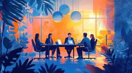 Poster - A colorful illustration of a business meeting in a modern office, surrounded by plants, with professionals engaged in discussion.