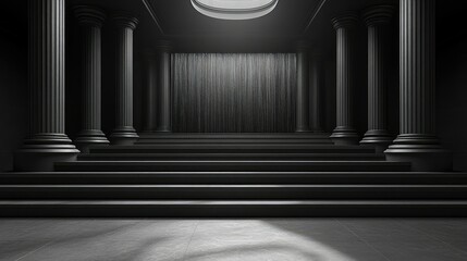 Poster - Monochrome Majesty: A Dark, Classical Interior with Grand Columns and Steps.  A Dramatic Architectural Design
