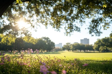 Poster - A serene meadow filled with colorful spring flowers is bathed in sunlight, framed by lush trees and an expansive blue sky, inviting tranquility and peace