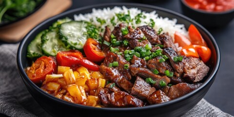 Wall Mural - Food Bowl with Rice, Meat, and Vegetables