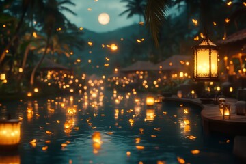 Aufkleber - Full moon casts light on tranquil river, while glowing plants and lanterns illuminate the forest, creating a serene and enchanting atmosphere at night