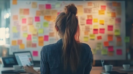 Poster - A woman sits in front of a wall covered with colorful sticky notes, deep in thought, working on ideas or projects.