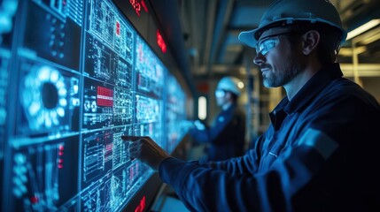 Poster - A technician interacts with a high-tech control panel, monitoring data and analytics in a modern industrial setting.
