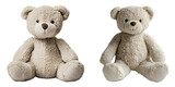 Set of plush teddy bears sitting upright with soft textures and neutral tones isolated on a white or transparent background.