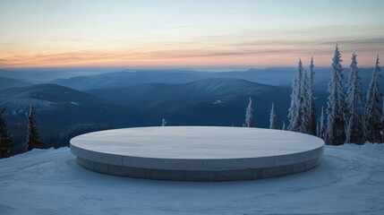 Poster - Wide-angle view of a circular platform surrounded by snow-covered trees, mountains, and soft light creating a peaceful winter atmosphere at dusk