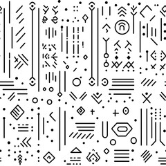Poster - Minimalist line art pattern, simple shapes and lines in black on a white background, 80s retro design with neon accents, geometric patterns, and playful typography