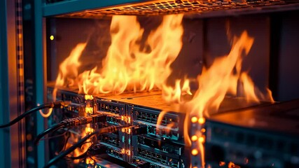 Poster - closeup of server rack engulfed in flames during a fire incident in data center, closeup of a server