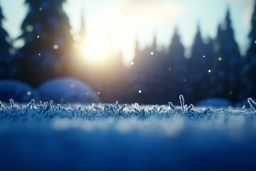 Poster - A tranquil winter landscape showcases a snowy forest with soft snowflakes falling, evoking a peaceful holiday ambiance perfect for a seasonal background