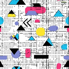 Poster - Minimalist line art pattern, simple shapes and lines in black on a white background, 80s retro design with neon accents, geometric patterns, and playful typography