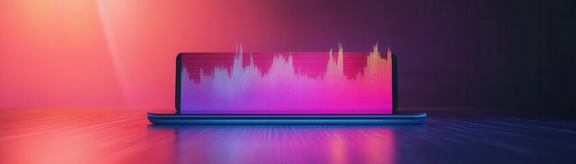Poster - A vibrant digital sound wave visualization displayed on a sleek device against a colorful gradient background.