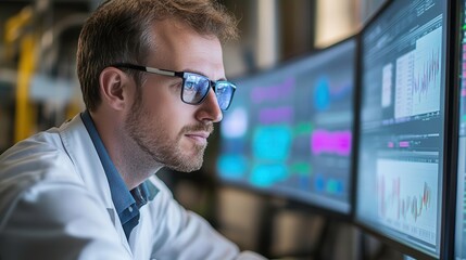 Poster - A focused professional analyzes data on multiple screens, showcasing advanced technology and a modern workspace.