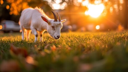 Aufkleber - A goat grazes peacefully in a meadow as the sun sets, casting a warm golden glow and long shadows across the vibrant green grass, creating a serene atmosphere