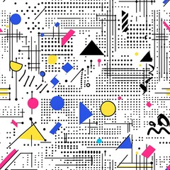Poster - Minimalist line art pattern, simple shapes and lines in black on a white background, 80s retro design with neon accents, geometric patterns, and playful typography