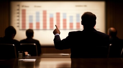 Poster - A marketing manager illustrates important data trends using graphs and charts while colleagues observe in a modern office setting, fostering teamwork and discussion