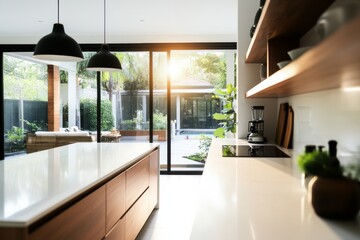 Leinwandbilder - Bright and airy kitchen features open cabinets and natural wood shelves, illuminated by sunlight pouring through large windows, ready for new appliances