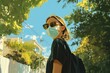 © Sean Hoong - A woman with sunglasses and a surgical mask walking along a peaceful residential street, surrounded by greenery and clear skies.