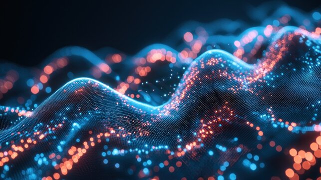 Abstract Digital Landscape: Neon Blue and Orange Waves of Data