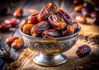 Wall Mural - Healthy Snack: Medjool Dates in Silver Bowl, High-Resolution Stock Photo