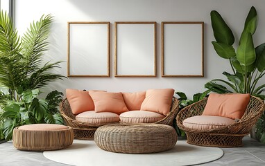 Tropical living room with wicker furniture, three frames, and plants