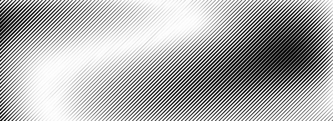 Poster - Black fading linear gradient texture. Diagonal striped gradation background. Thin to thick slanted pattern backdrop. Oblique vanishing parallel stroke wallpaper. Vector straight line overlay