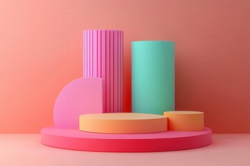 Poster - A vibrant arrangement of geometric shapes in pastel colors on a soft pink background, creating a modern and playful aesthetic.