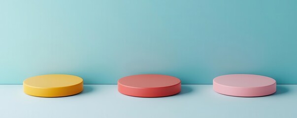 Poster - Three colorful circular objects sit against a soft blue background, creating a minimalist and playful aesthetic.