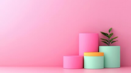 Poster - Colorful cylindrical containers in pastel shades arranged on a pink background, featuring a small green plant for a fresh, vibrant look.