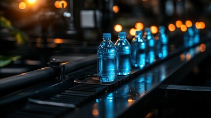 Poster - Bottled Water Production on a Conveyor Belt in a Factory Setting