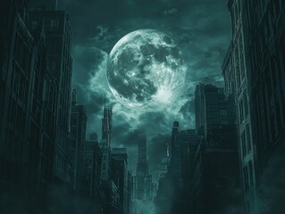 Canvas Print - City at Night with Full Moon