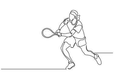 Wall Mural - Continuous line drawing of a Tennis player man hitting the ball. Young male person or athlete in action, racket gear and serve in workout health vector illustration.Tennis player isolated on a white 