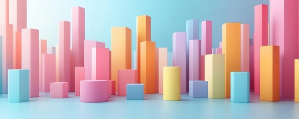 Poster - A vibrant cityscape of pastel geometric shapes, showcasing various sizes and colors against a soft blue background.