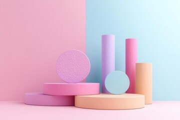 Poster - A colorful arrangement of geometric shapes in pastel hues, set against a dual-tone background of pink and blue.
