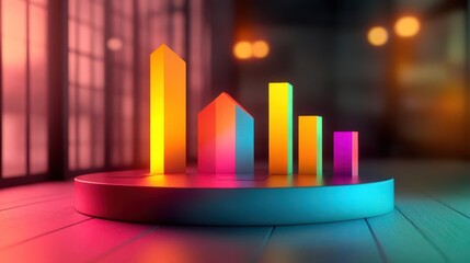 Poster - A vibrant 3D bar graph with colorful bars on a circular platform, set against a softly lit background, representing data visualization and analytics.
