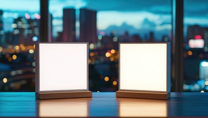 Wall Mural - Two white LED square light boxes on wooden stands with evening cityscape background.