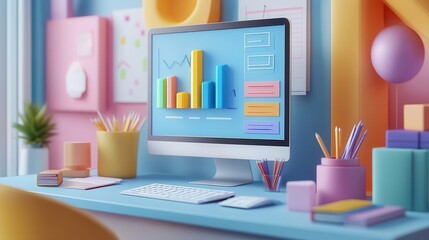 Poster - A colorful workspace featuring a computer displaying charts, surrounded by stationery and decorative elements, creating a cheerful and organized atmosphere.