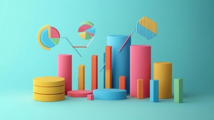Poster - A vibrant, 3D illustration of colorful charts and graphs representing data analysis and business metrics against a light blue background.