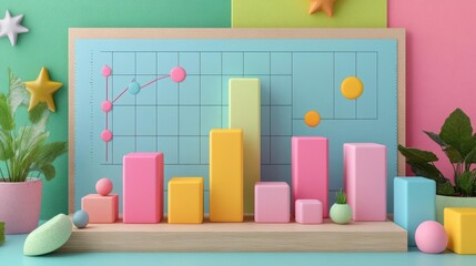 Poster - A vibrant display of colorful geometric shapes and bars on a pastel background, representing data visualization or analytics in a playful manner.