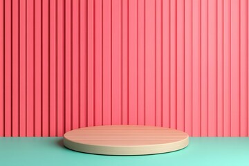 Poster - A minimalistic setup featuring a wooden circular platform against vertical pink and green striped backgrounds.