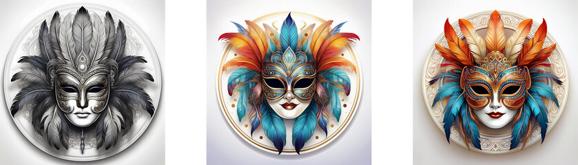 Poster - Three ornate Venetian masks, adorned with feathers, viewed from an aerial perspective, evoke a sense of Hong Kong's vibrant culture.