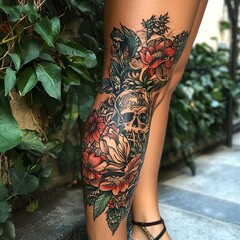 Wall Mural - Floral Skull Leg Tattoo: Dark Beauty and Intricate Design